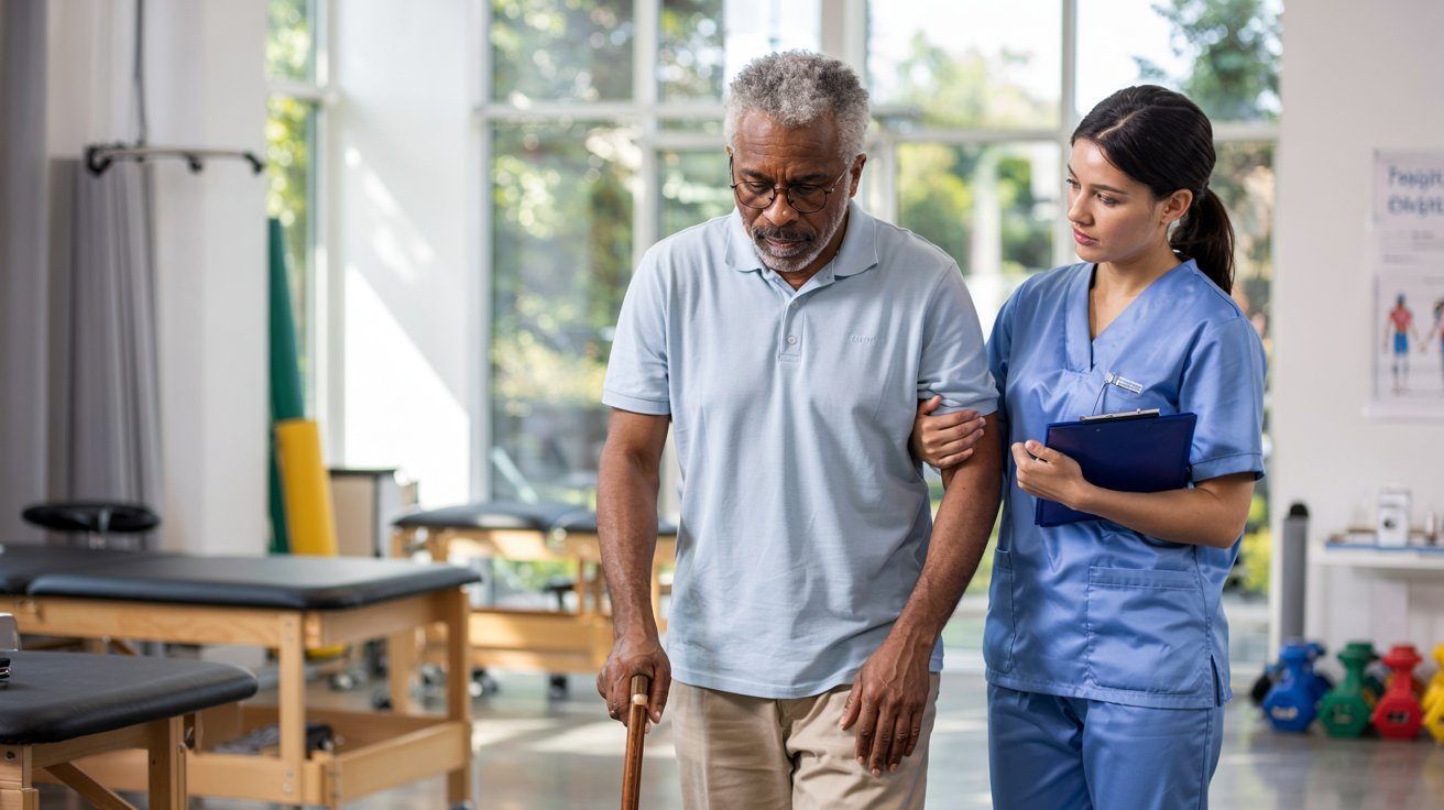 A senior African-American man with gray hair, wearing a light blue polo shirt and khaki pants, is walking with a wooden cane