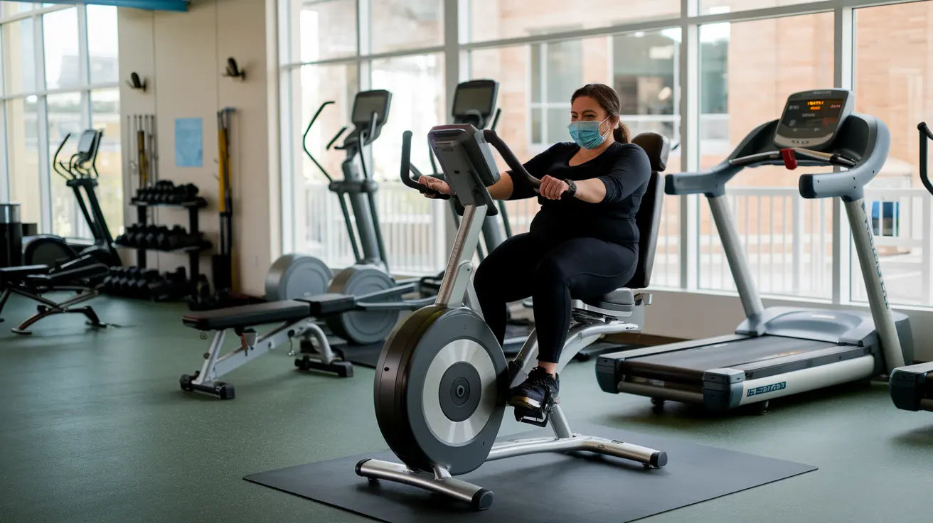 A plus-sized woman is riding  on a modern recumbent exercise bike with a comfortable backrest and pedals positioned forward, exercising indoors in a well-lit gym with large windows.