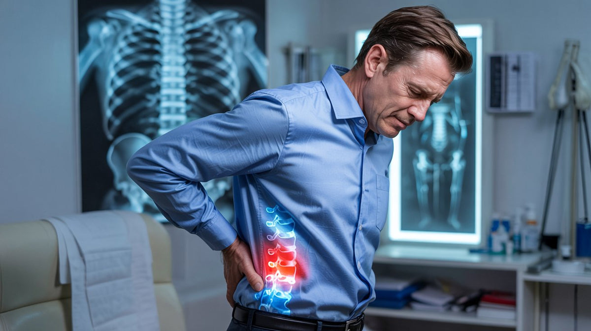 A man in a blue shirt holding his lower back due to spinal stenosis