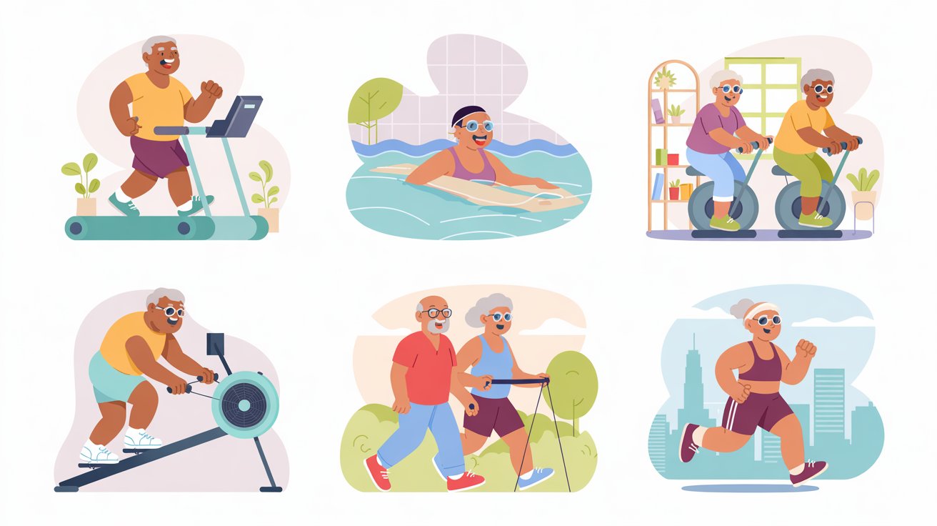 A set of 6 soft-colored vector-style illustrations showing active senior adults doing different indoor and outdoor fitness activities