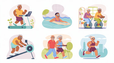 A set of 6 soft-colored vector-style illustrations showing active senior adults doing different indoor and outdoor fitness activities
