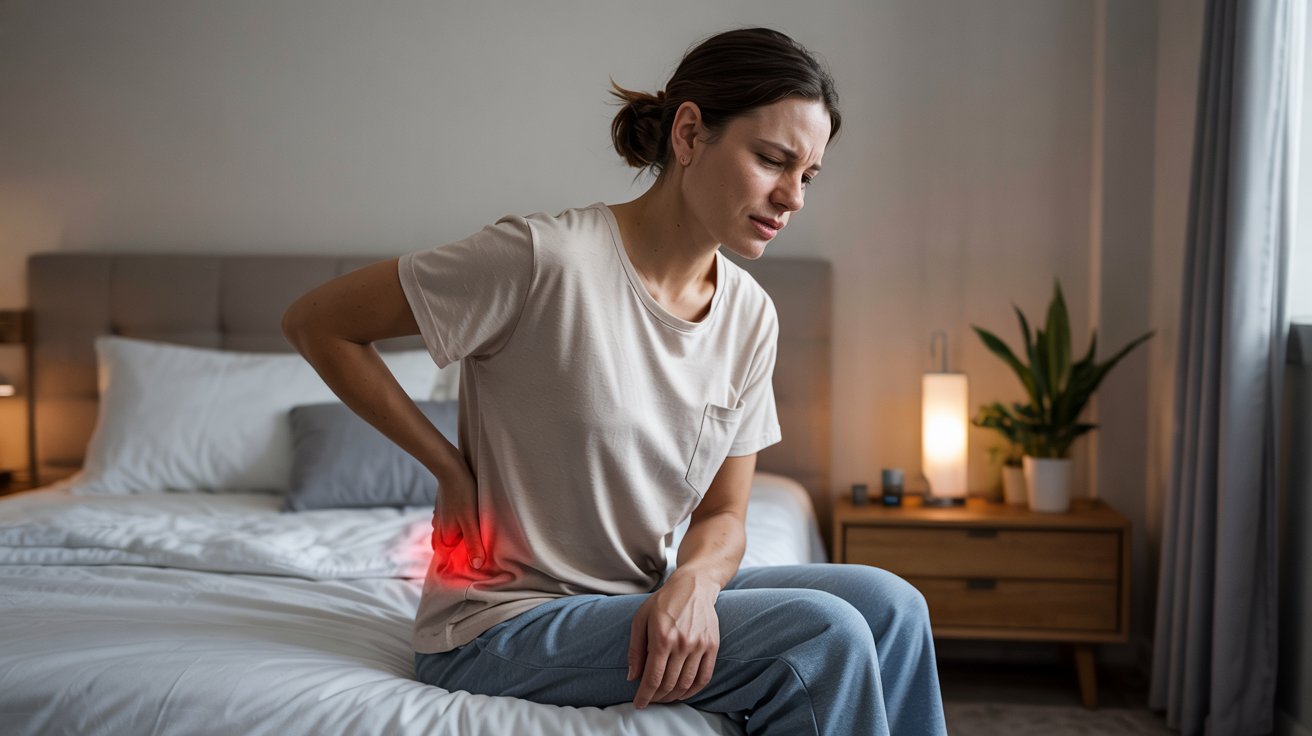 A woman sitting on the edge of a bed, wearing casual home clothes, holding her lower back or hip in pain.