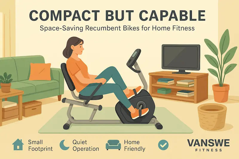 A woman riding a compact recumbent bike in her cozy living room, showing the bike's small footprint and comfort. Caption reads “Compact but Capable – Space-Saving Recumbent Bikes for Home Fitness.