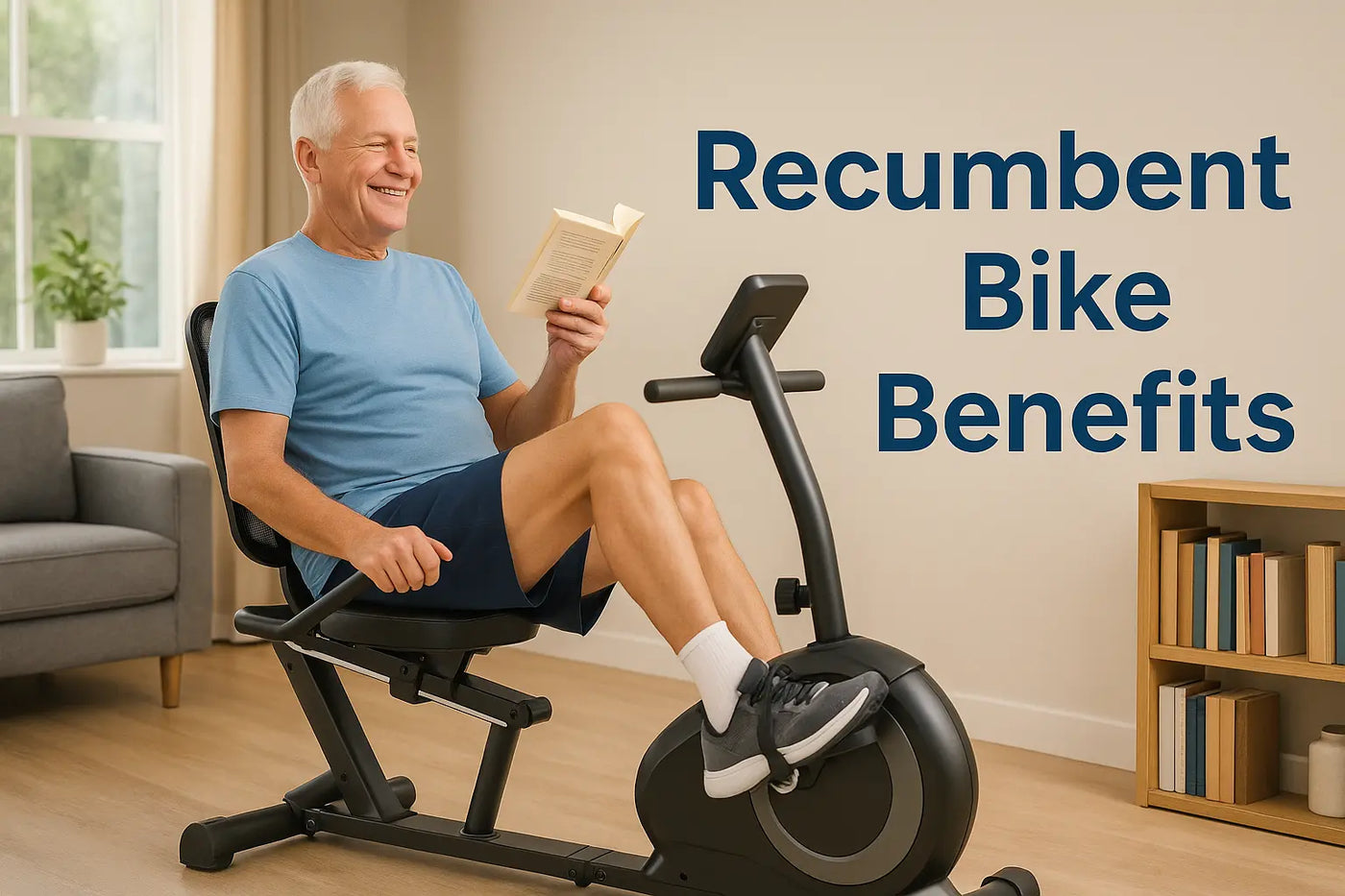 Senior enjoying a comfortable low-impact recumbent bike workout at home