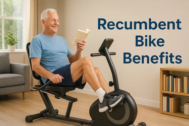 An elderly man smiling while reading a book and exercising on a recumbent bike in a cozy living room.