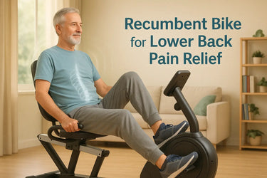 An older adult riding a recumbent exercise bike at home, sitting comfortably with back supported, symbolizing lower back pain relief.