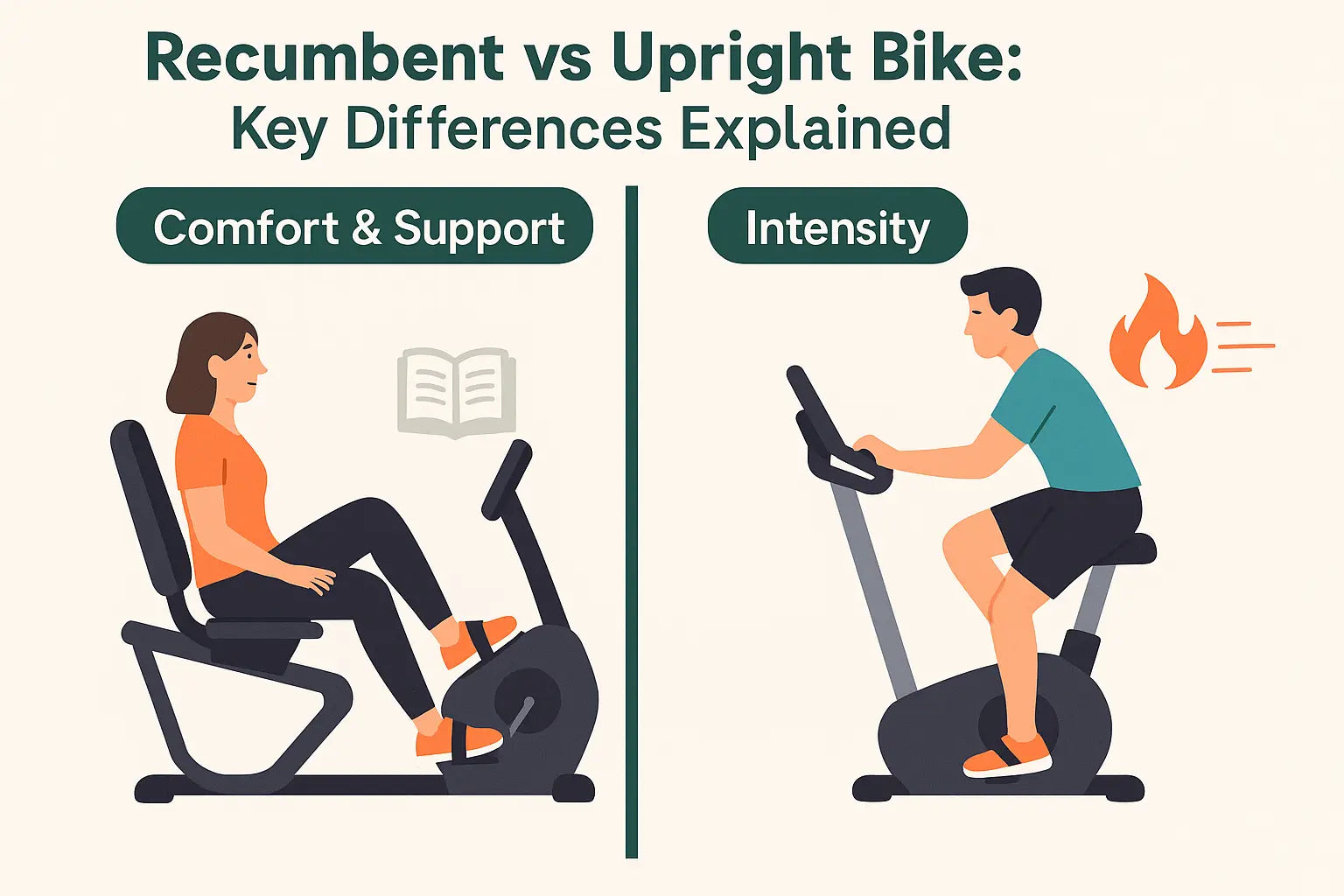 Flat illustration showing recumbent bike vs upright bike with comfort and intensity comparison