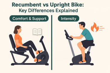 Flat illustration showing recumbent bike vs upright bike with comfort and intensity comparison