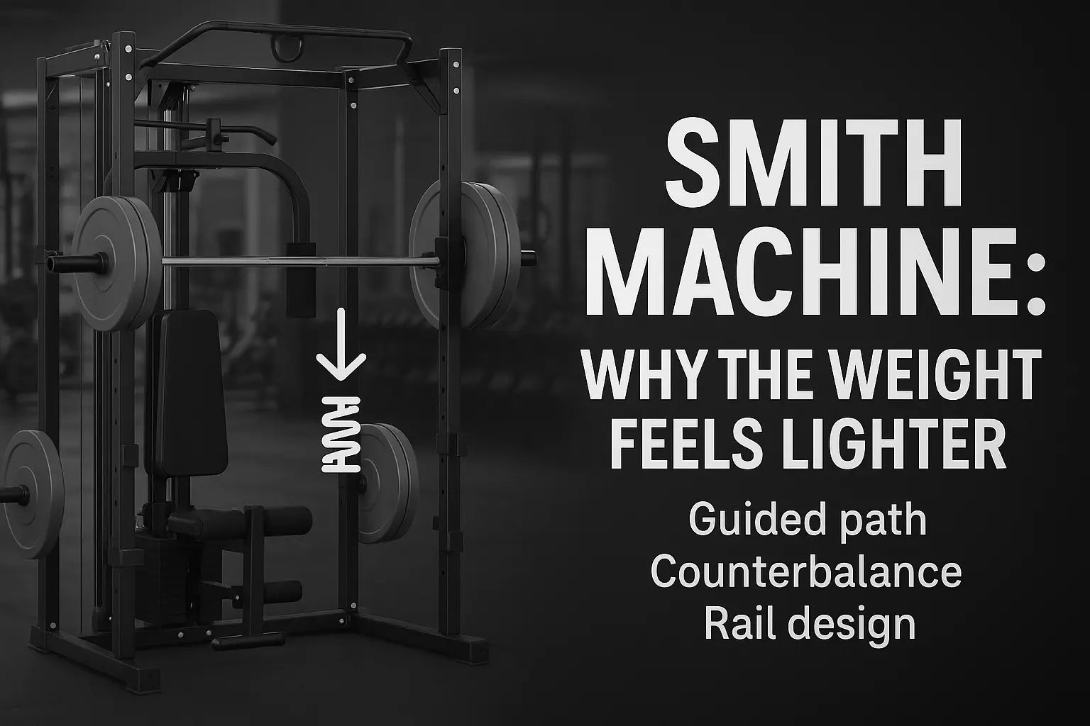 Smith Machine in a modern gym with text explaining why the weight feels lighter, highlighting guided path, counterbalance, and rail design.