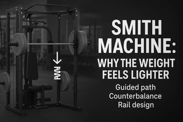 Smith Machine in a modern gym with text explaining why the weight feels lighter, highlighting guided path, counterbalance, and rail design.