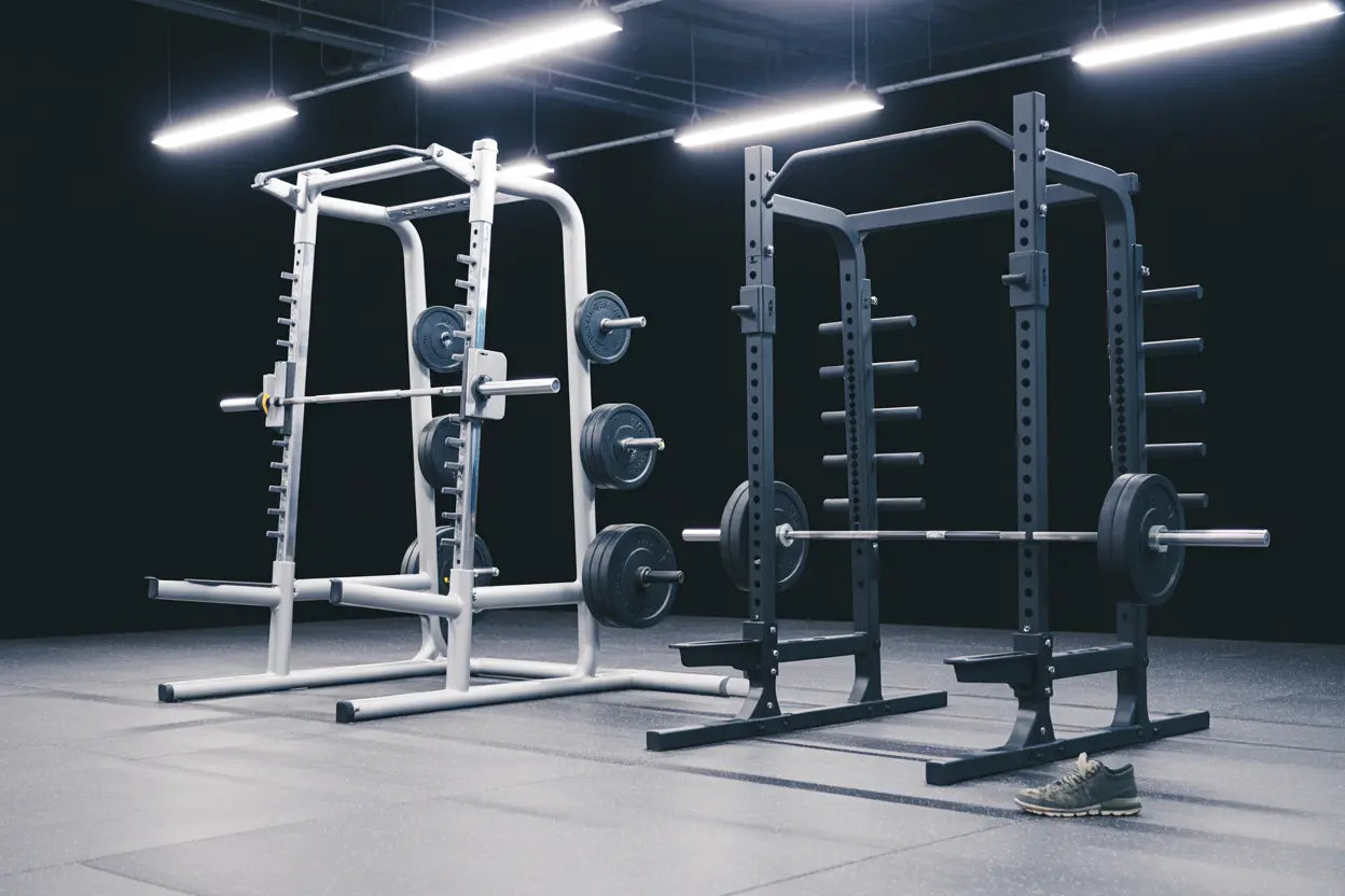 Smith machine and squat rack with weight plates in a modern gym