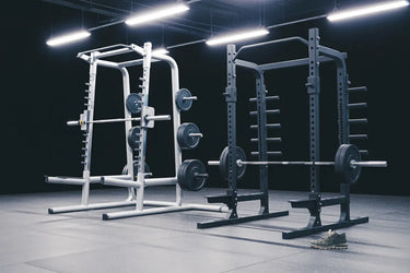 Smith machine and squat rack with weight plates in a modern gym