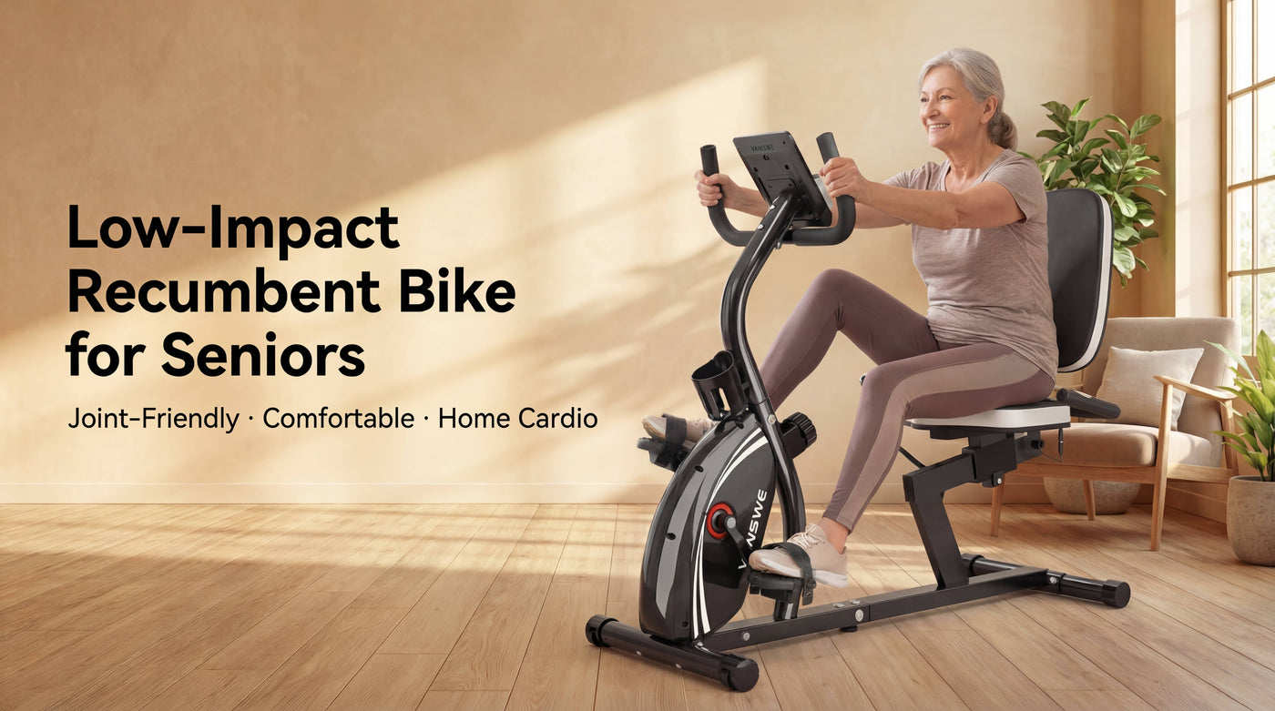 Senior woman exercising on a Vanswe RB407 recumbent bike