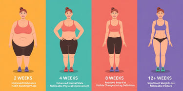 Illustration of a woman’s body transformation over 12+ weeks of exercise: shows changes at 2 weeks (improved endurance), 4 weeks (physical improvement), 8 weeks (fat reduction), and 12+ weeks (significant weight loss and posture improvement).