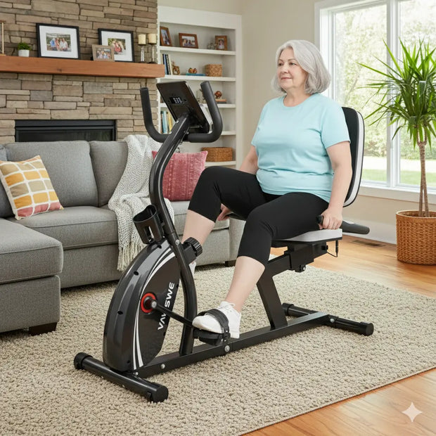 a senior and recumbent bike rb407 in a living room
