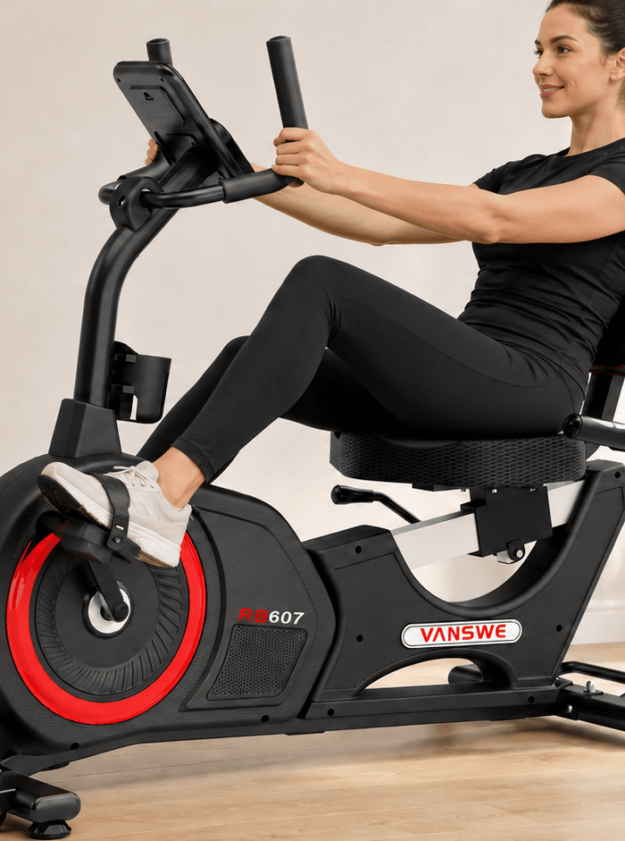 Woman Exercising on a Vanswe RB607 Electric Recumbent Bike in a Home Setting