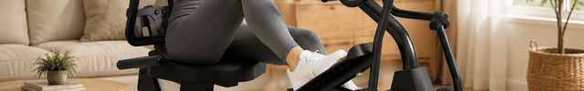 Woman using the Vanswe RB505 full-body recumbent exercise bike with moving arm handles in a modern home setting, combining upper and lower body cardio training.