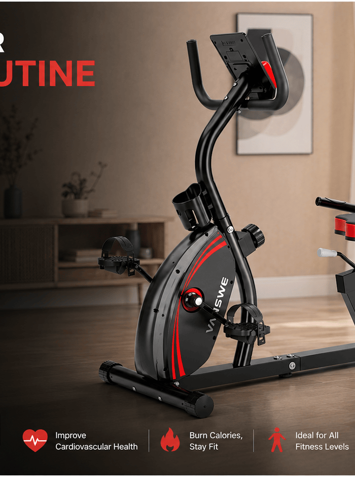 Modern Vanswe recumbent exercise bike in a stylish home workout space, featuring 16-level magnetic resistance, ergonomic padded seat, quiet low-impact cardio design, and adjustable comfort for everyday indoor fitness.