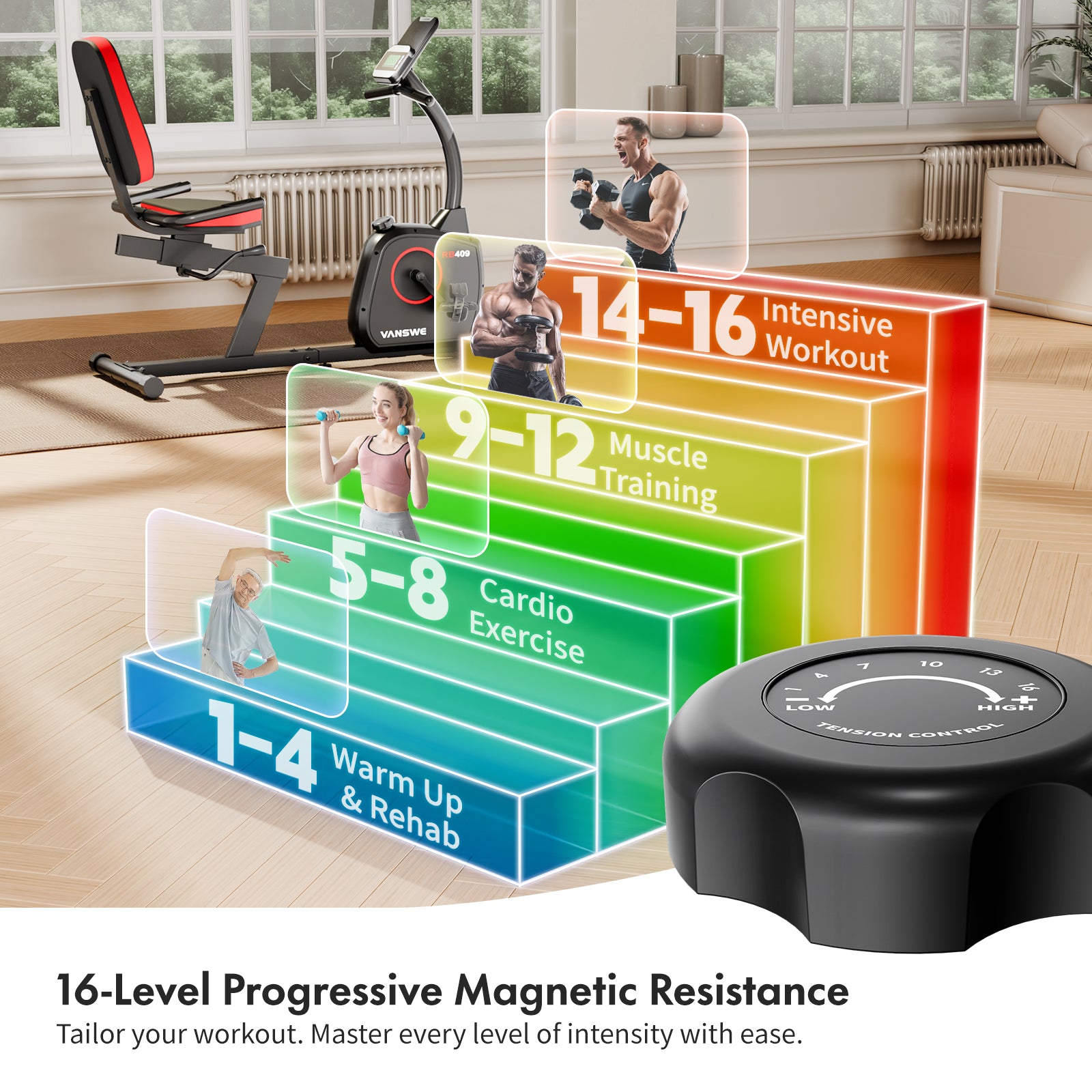 RB409 compact recumbent exercise bike featuring 16-level magnetic resistance system for progressive cardio, muscle training, and rehabilitation workouts.