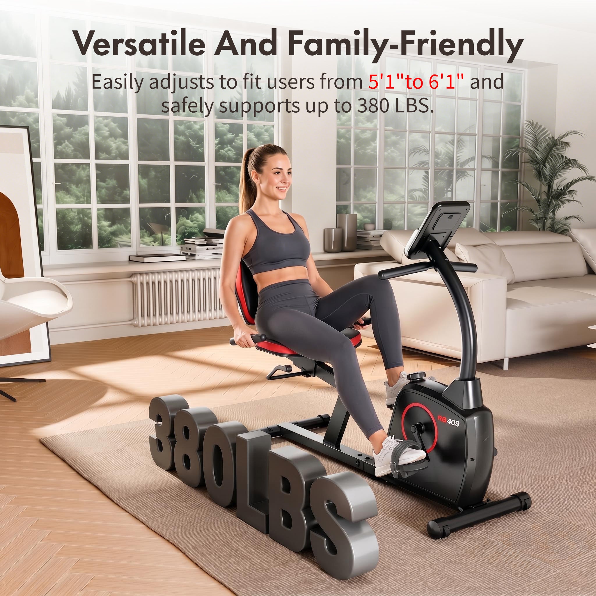 RB409 compact recumbent exercise bike supporting up to 380 lbs, designed for versatile users and family-friendly home fitness with adjustable fit and stable frame.