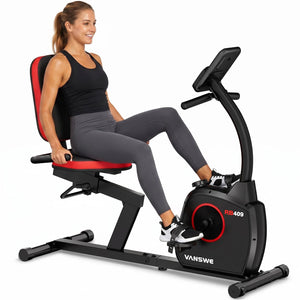 RB409 compact recumbent exercise bike shown in studio view with ergonomic seat, step-through frame, and magnetic resistance system for home cardio workouts.