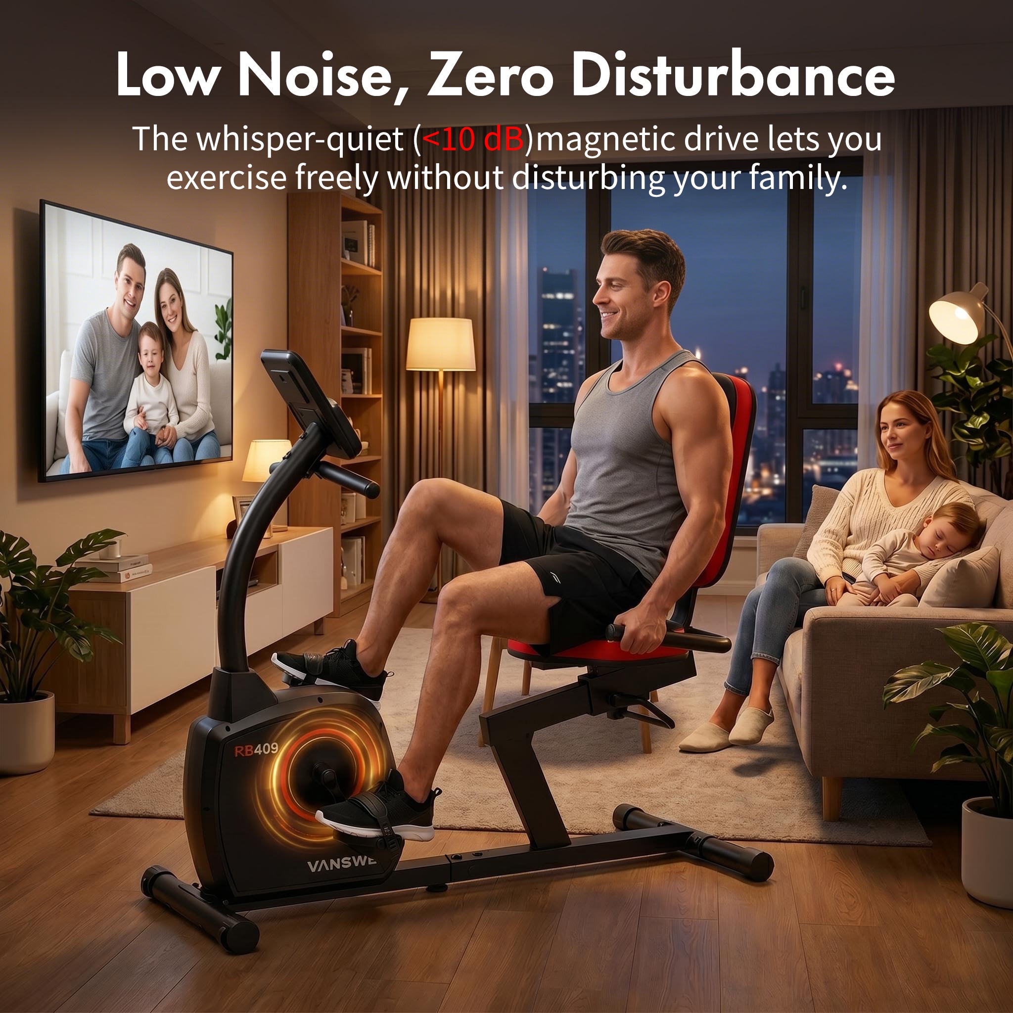 Man using RB409 compact recumbent exercise bike in a quiet evening home setting, highlighting ultra-low noise magnetic resistance for disturbance-free workouts.