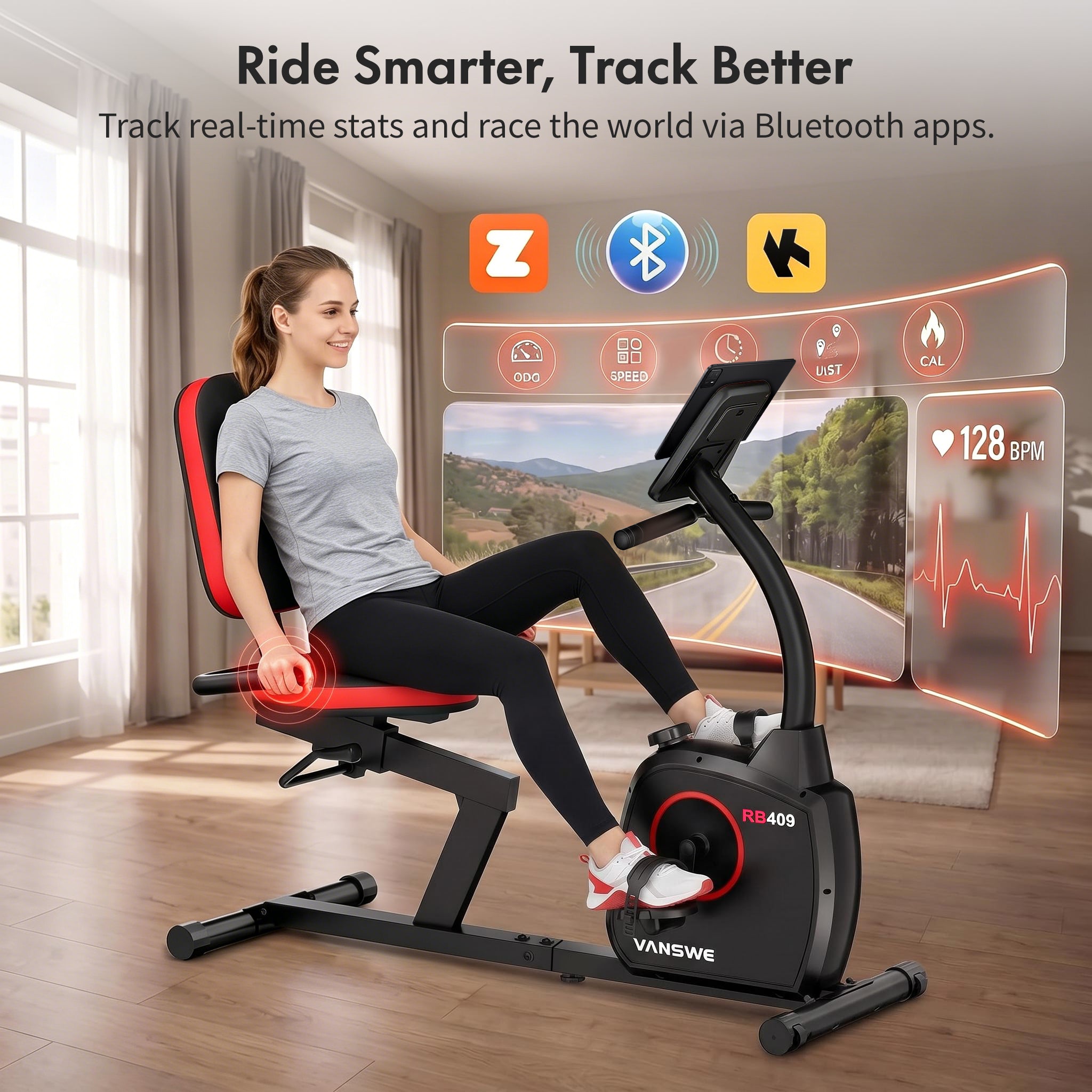 RB409 compact recumbent exercise bike showing real-time workout tracking with Bluetooth connectivity, speed, calories, heart rate, and app integration for smarter indoor cycling.