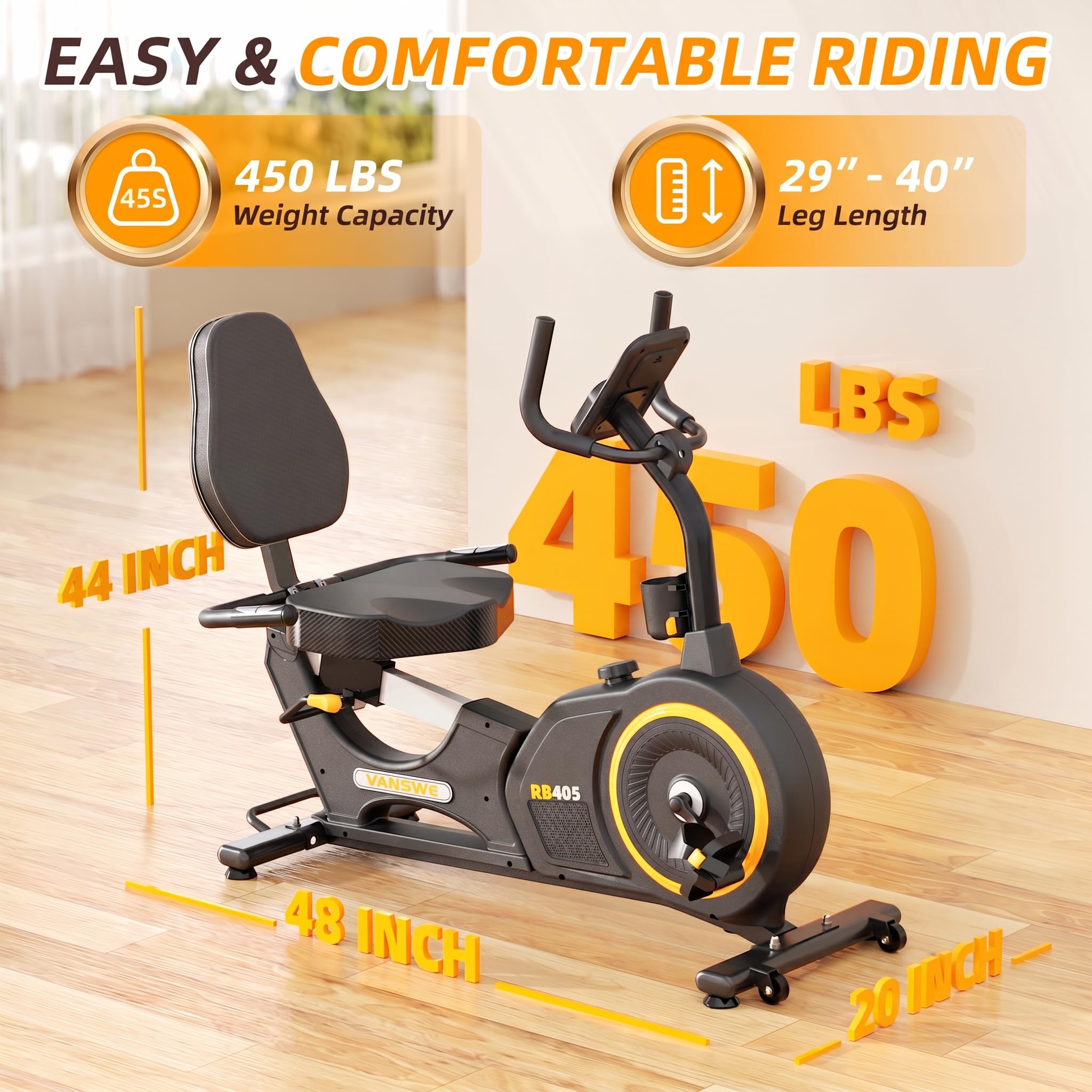 Vanswe RB405 recumbent exercise bike with 450 lb weight capacity, 29–40 inch leg length adjustment, and 48 x 20 inch footprint