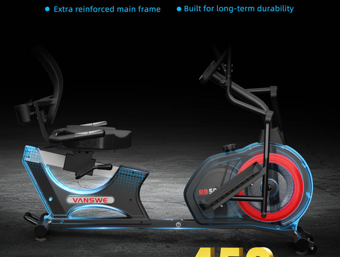 Vanswe RB505 recumbent bike showing its reinforced steel frame and 450 lbs weight capacity for long-term durability.