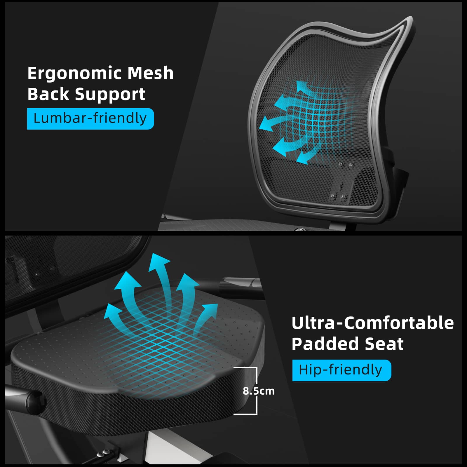 Ergonomic mesh back support and ultra-comfortable breathable padded seat of the Vanswe RB505 recumbent bike, designed for lumbar and hip comfort.