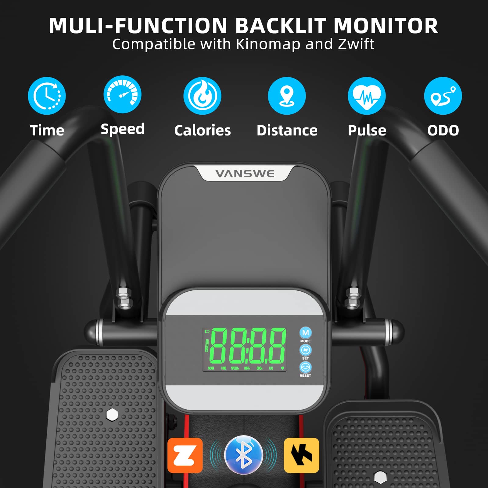 Close-up of the Vanswe RB505 recumbent bike’s multi-function backlit monitor showing time, speed, calories, distance, pulse, and ODO, compatible with Kinomap and Zwift.