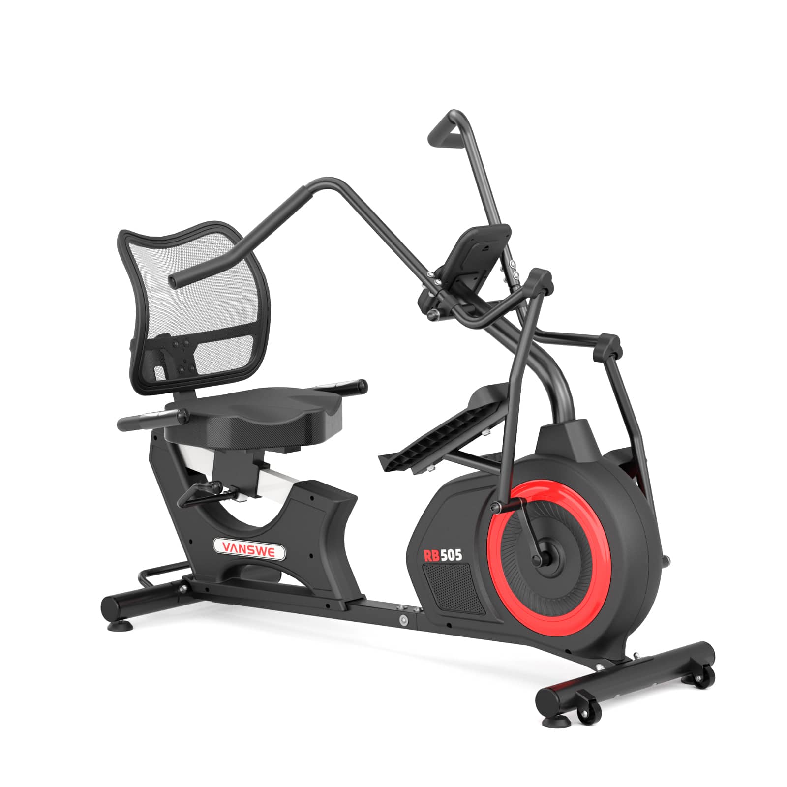 Vanswe RB505 recumbent exercise bike with arm exerciser, mesh backrest, and step-through frame in full product view.